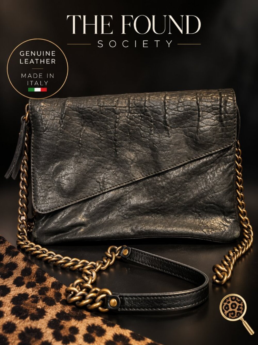 Maxon Collection Italian Leather Black Crossbody Bag Chain Strap